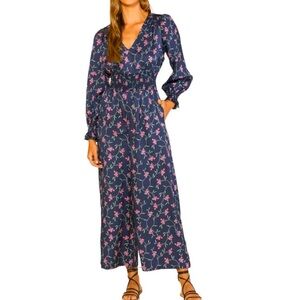 Outerknown City Lights Floral Long Sleeve Wide Leg Jumpsuit Romper Cotton Blue S